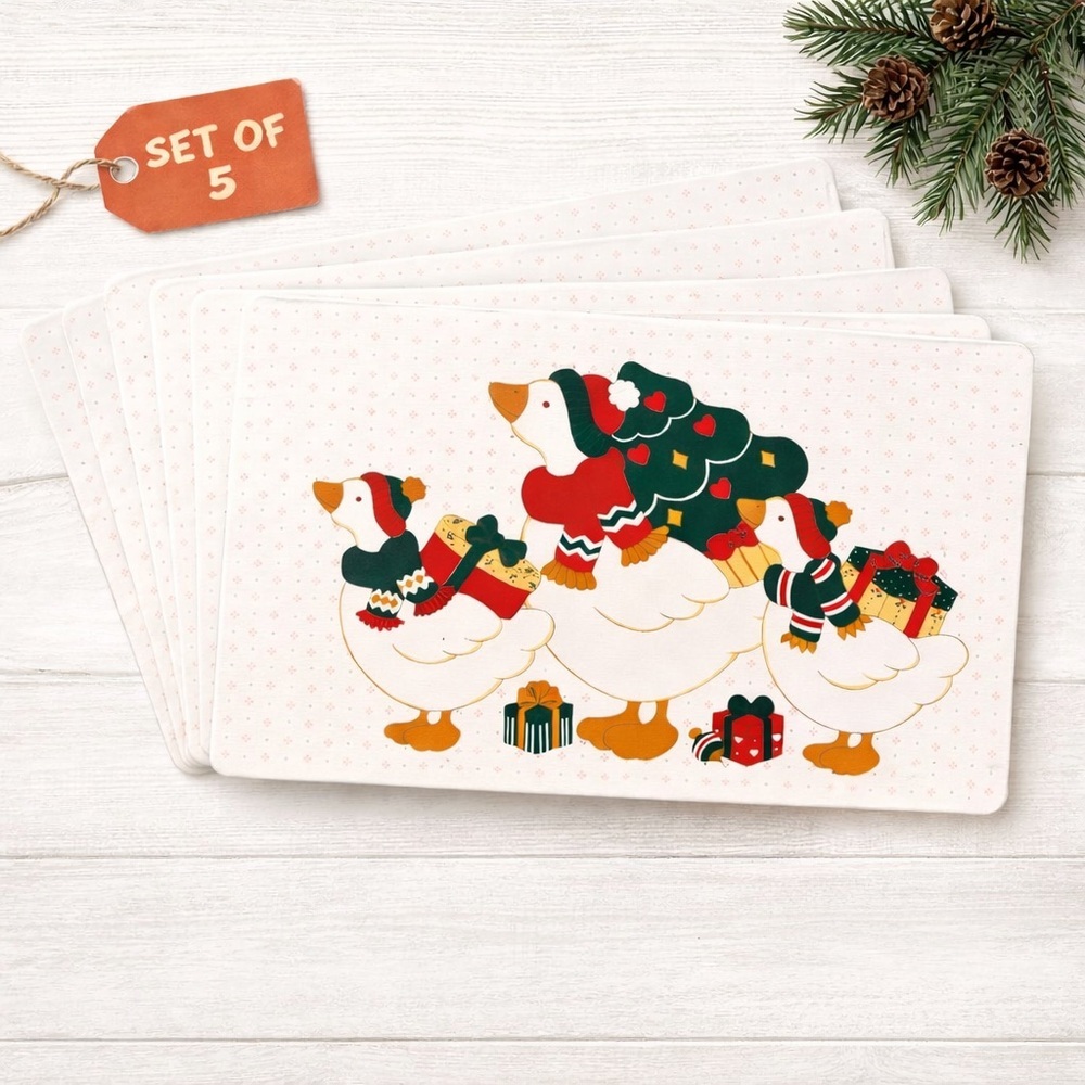 Vintage Christmas Goose Placemats Set of 5 Retro Holiday Country Geese Decor